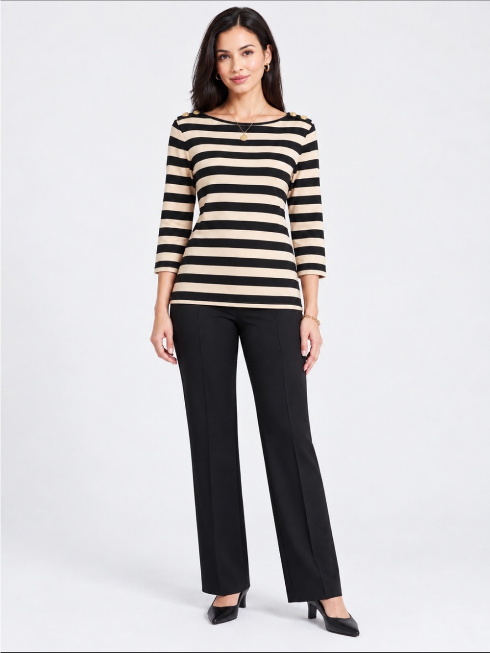 Rafaella Women 100%Cotton 3/4 Sleeve Boatneck Top Gold Button Shoulder Detail